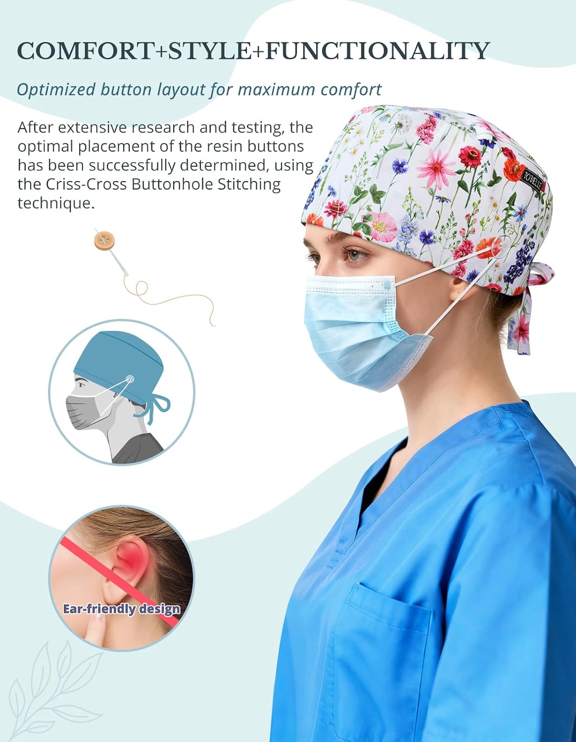 Tie-Back Scrub Cap with Buttons and Sweatband Modern Classic