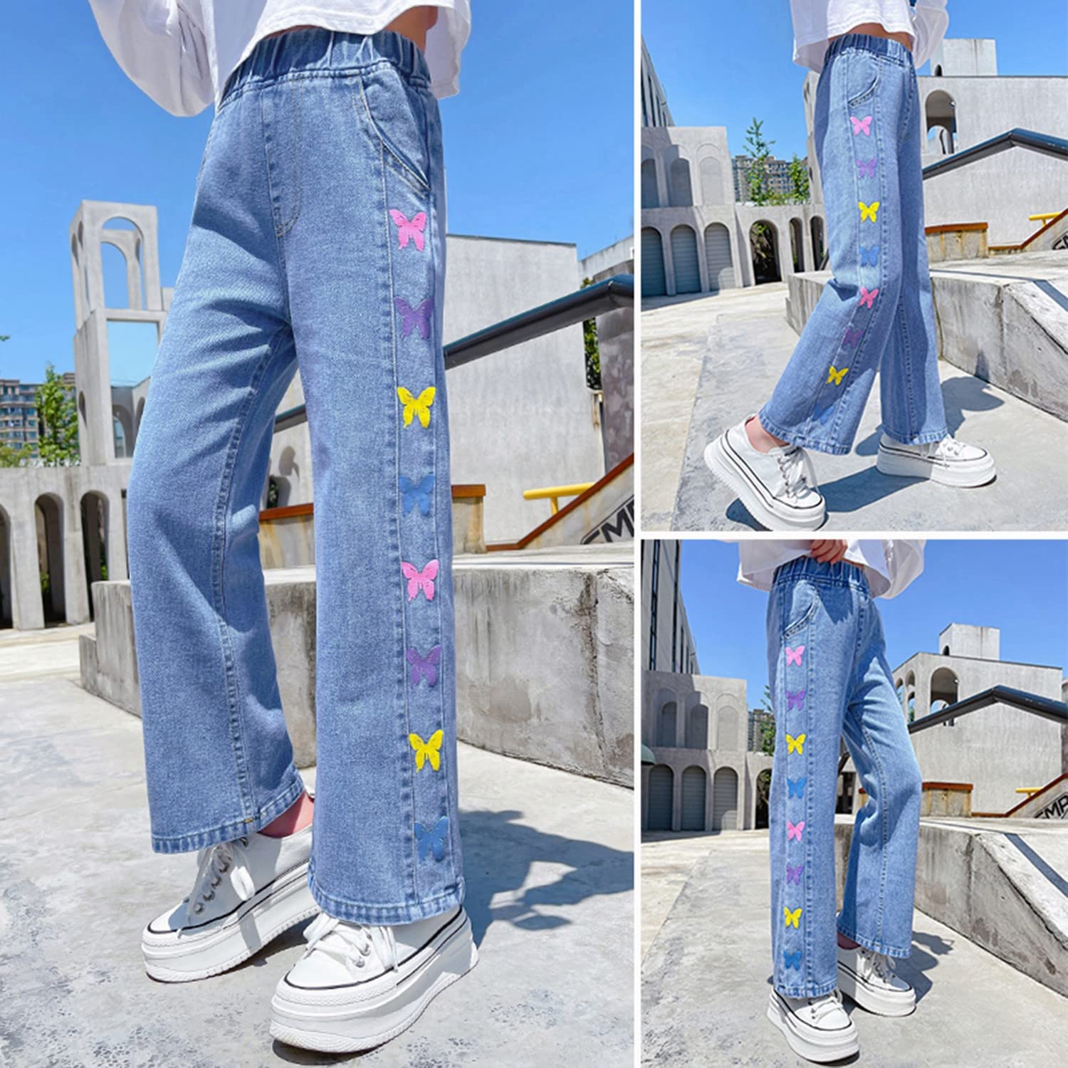 Rolanko Jeans Bambino, Pantaloni Denim Blu Dritto Fori Vintage per Bambini