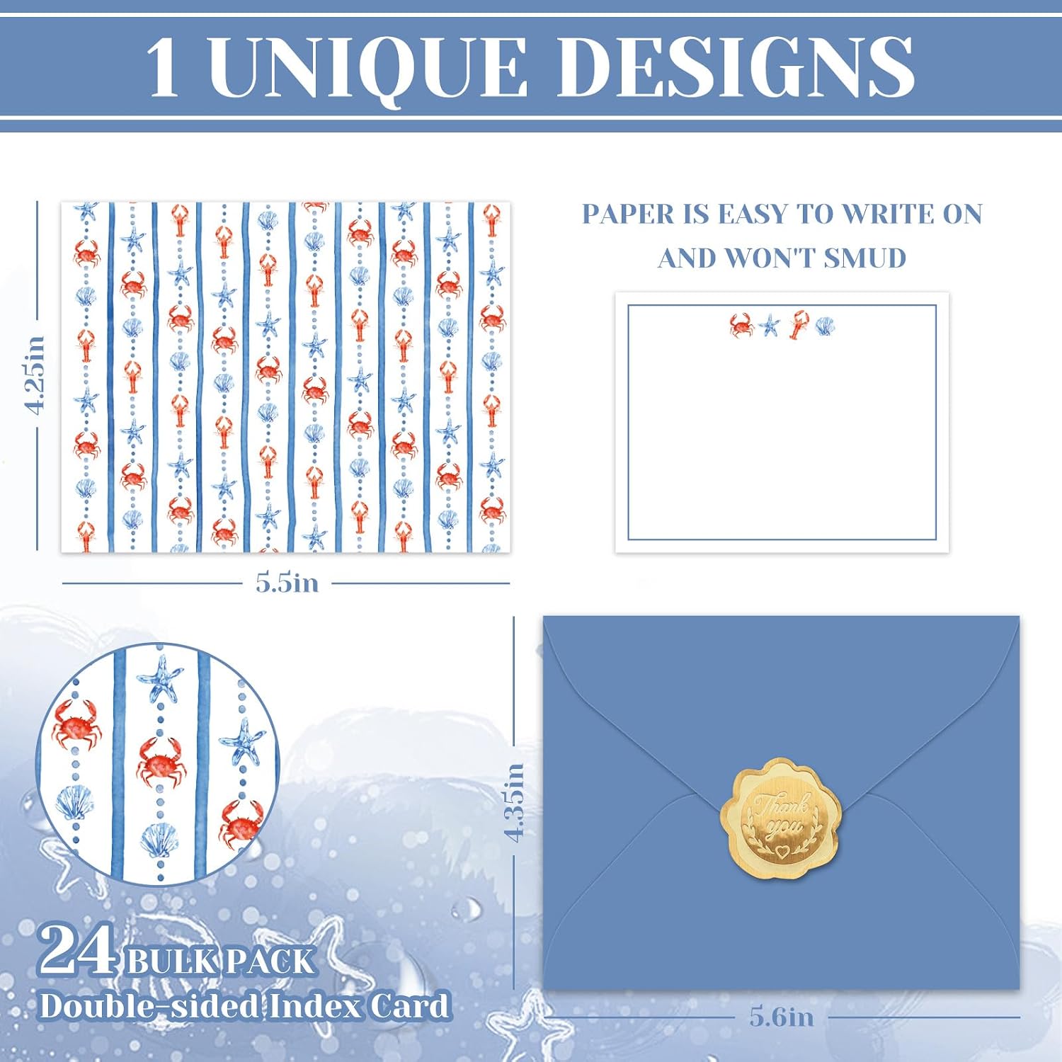 Whaline 24Pcs Flat Blank Notes with Envelopes Blue Summer Lobster Crab Starfish Stripe Blank Index Cards Non Folding Double-Sided Note Cards for Seafood Boil Birthday Party, 5.5 x 4.3 Inch