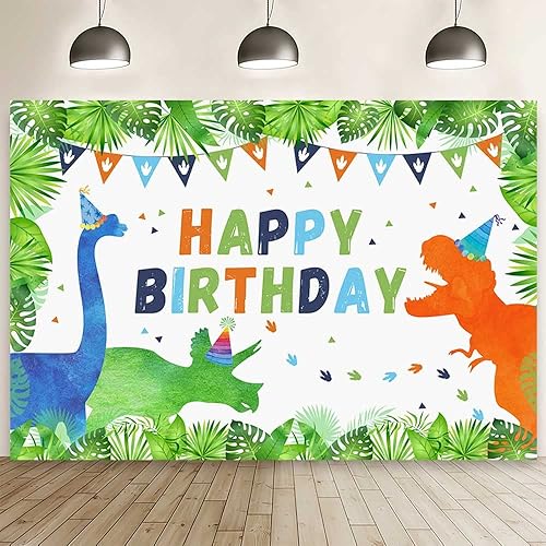 Fondo de cumpleaños de dinosaurios de 7 x 5 pies para niños y niñas, dinosaurios, plantas del bosque, banderas, fondo de fotografía, decoración de