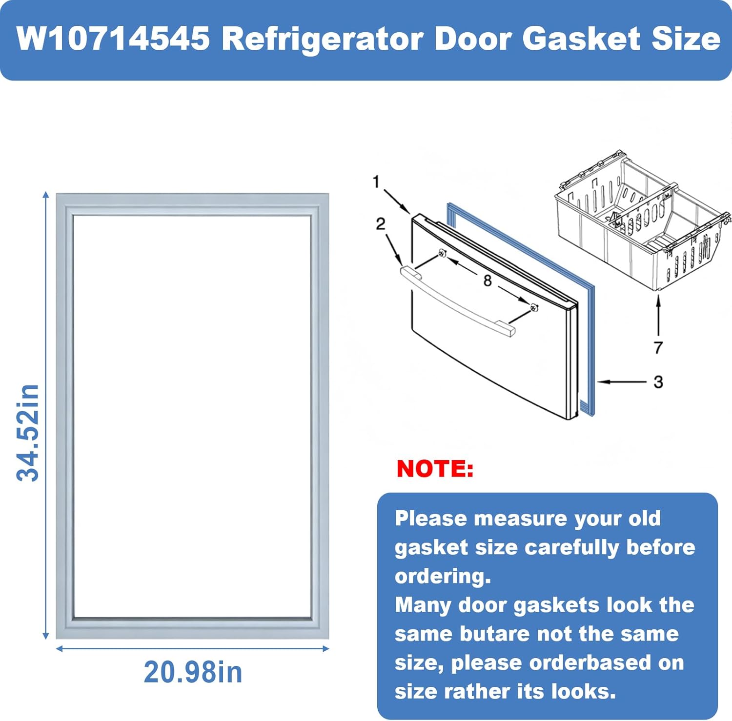 Upgraded W10714545 Refrigerator Freezer Door Gasket Compatible With Whirlpool Maytag Kenmore Jenn-Air KitchenAid Amana Fridge Seal, Replaces WPW10714545, W10191103, W10443322, 3377744, 20.98 x 34.52"