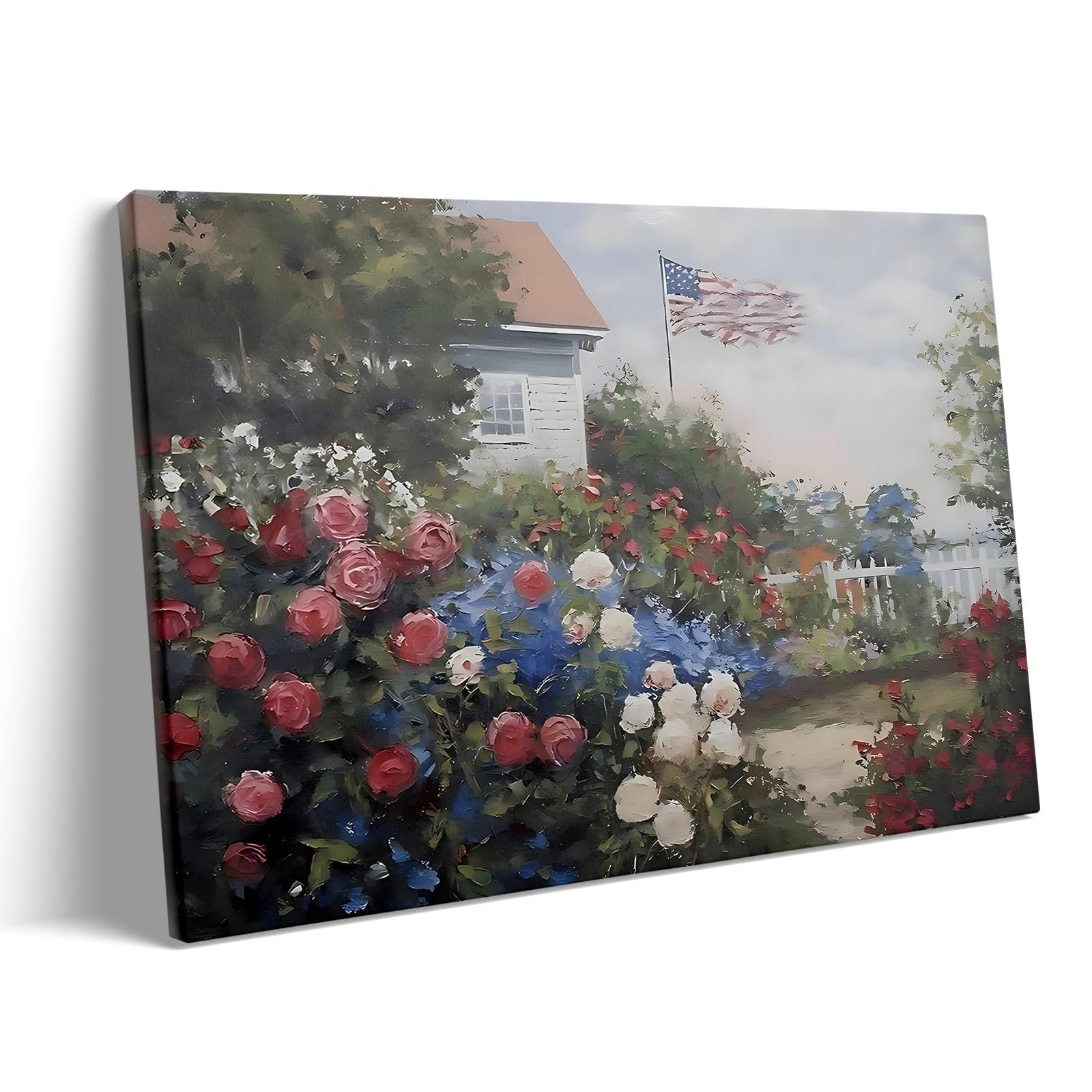 Patriotic Memorial Day Canvas Wall Art, Garden Blooming Roses and Distant American Flag Oil Painting, Memorial Day Summer Backyard Print Framed Artwork for USA Country Home Wall Decor 11x14inch