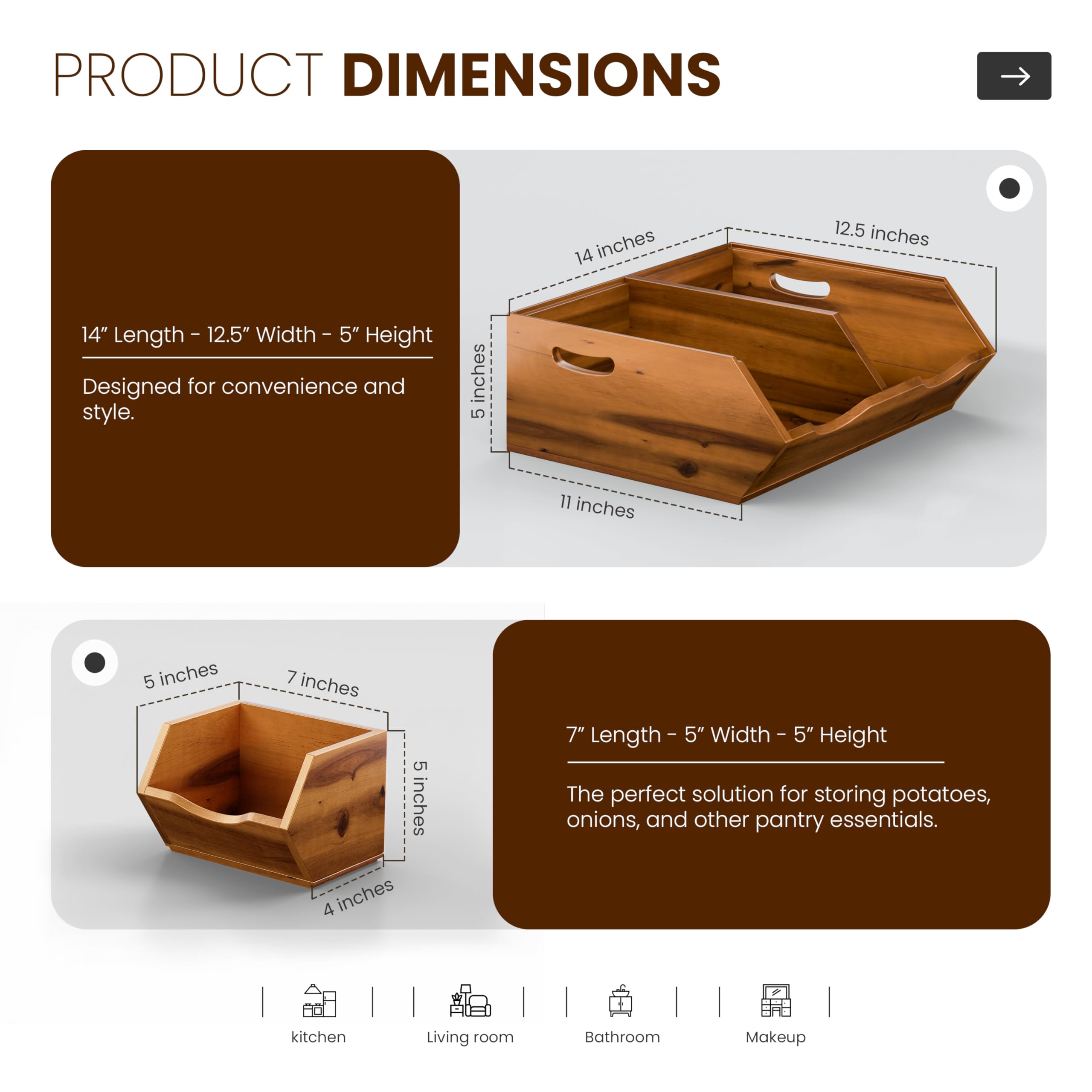 HOLANA Onion and Potato Storage Bins - Acacia Wood Pantry Baskets Organization and Storage - Wooden Stackable Baskets for Bread, Fruit, Vegetable - Onion Basket for Kitchen Counter (Patent Pending)