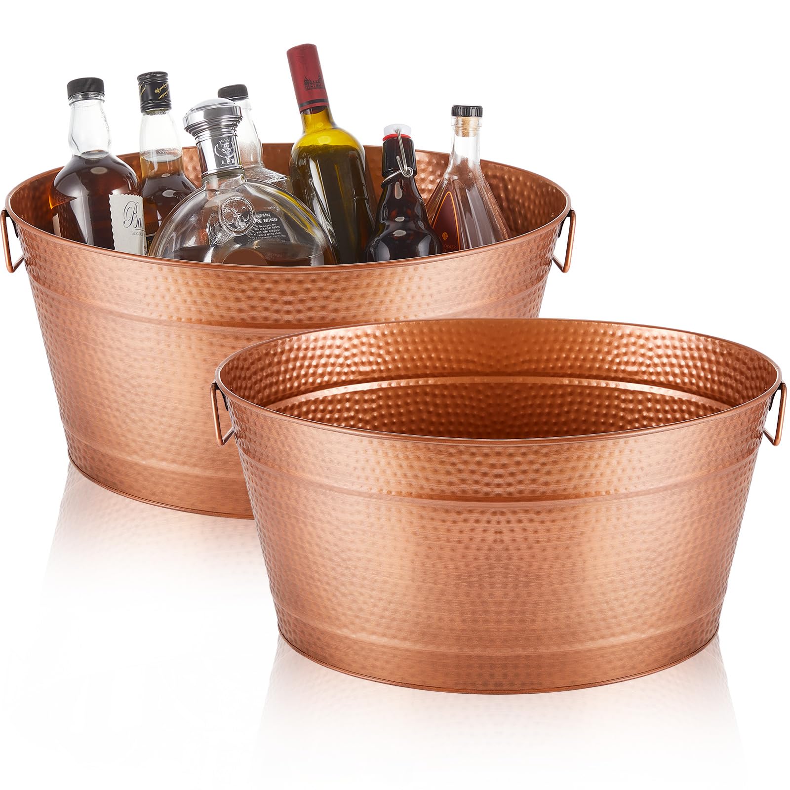 Uiifan 2 Pcs 24 Quart 6 Gallon Hammered Stainless Steel Beverage Tub Heavy Duty Oval Metal Large Ice Bucket for Drinks Bucket Cooler Ice Container for Bar Wedding Parties Anniversary Wine (Bronze)