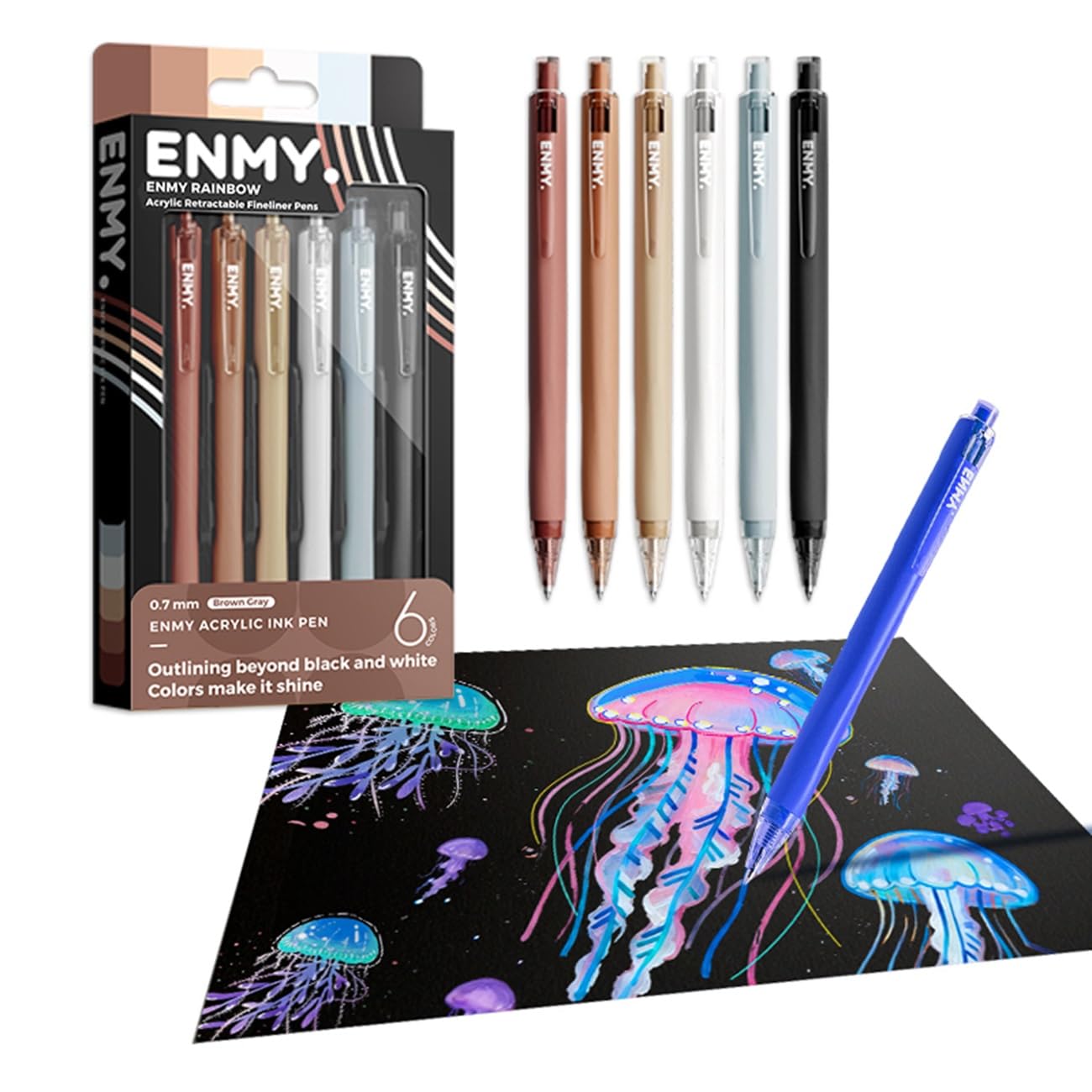 ENMY 6色セット極細ペン 0.7mm 細字 アクリルファイナーライナー 線描 黒い紙に書ける 水性 勾線 美術 漫画 カラー 手帳 塗り絵