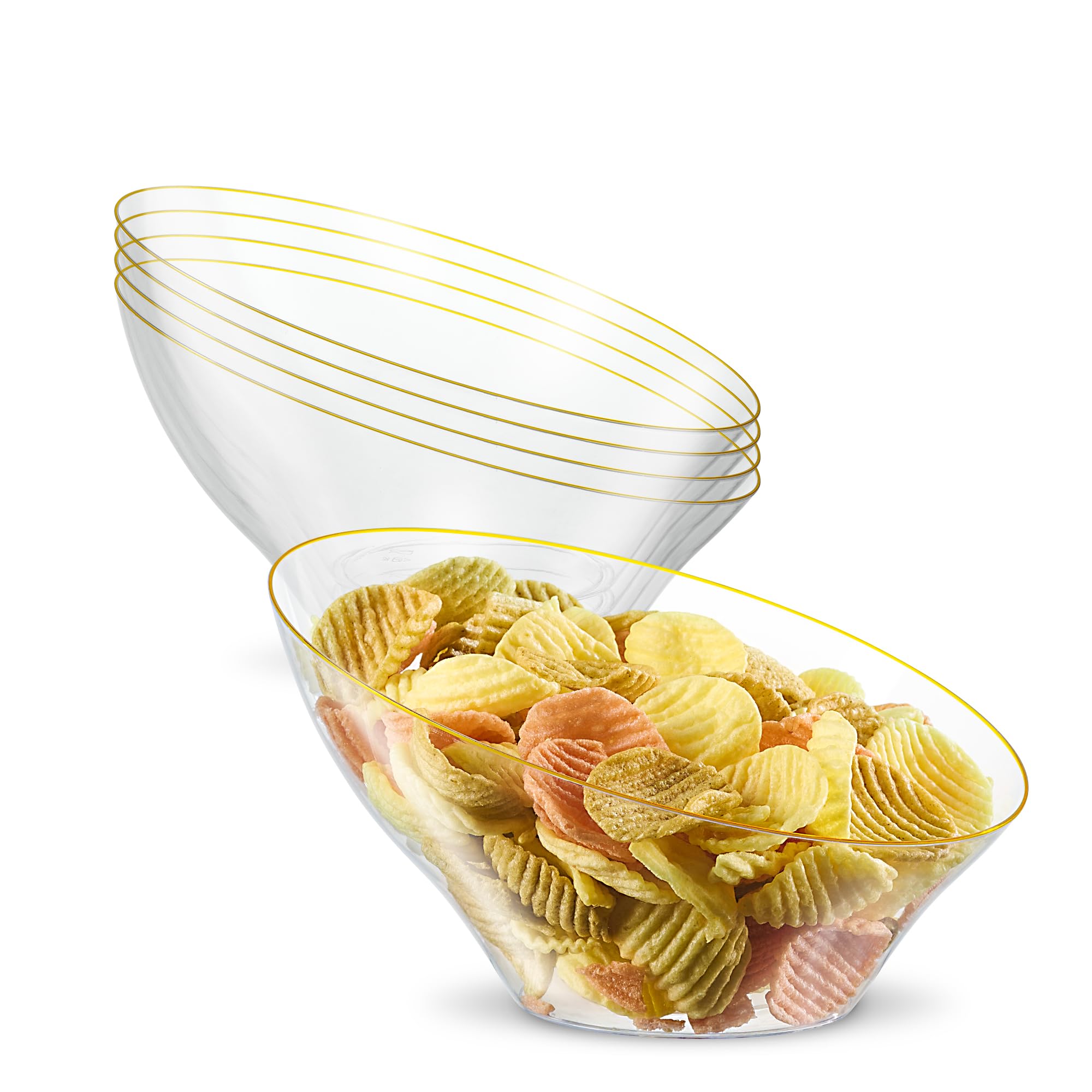 PLASTICPRO Angled Plastic Bowls Disposable Medium Plastic Clear Serving Bowls with Gold Rim for Party for Appetizer Salads Pack of 4