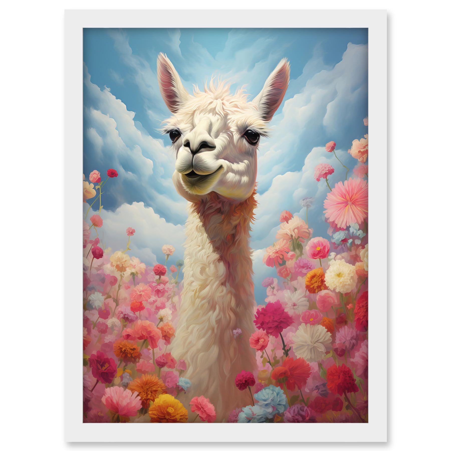 Artery8 Happy Llama Peeking Head Over Pink Flowers Bright Colourful Artwork Kids Bedroom Dreamy Spring Meadow Artwork Framed A3 Wall Art Print