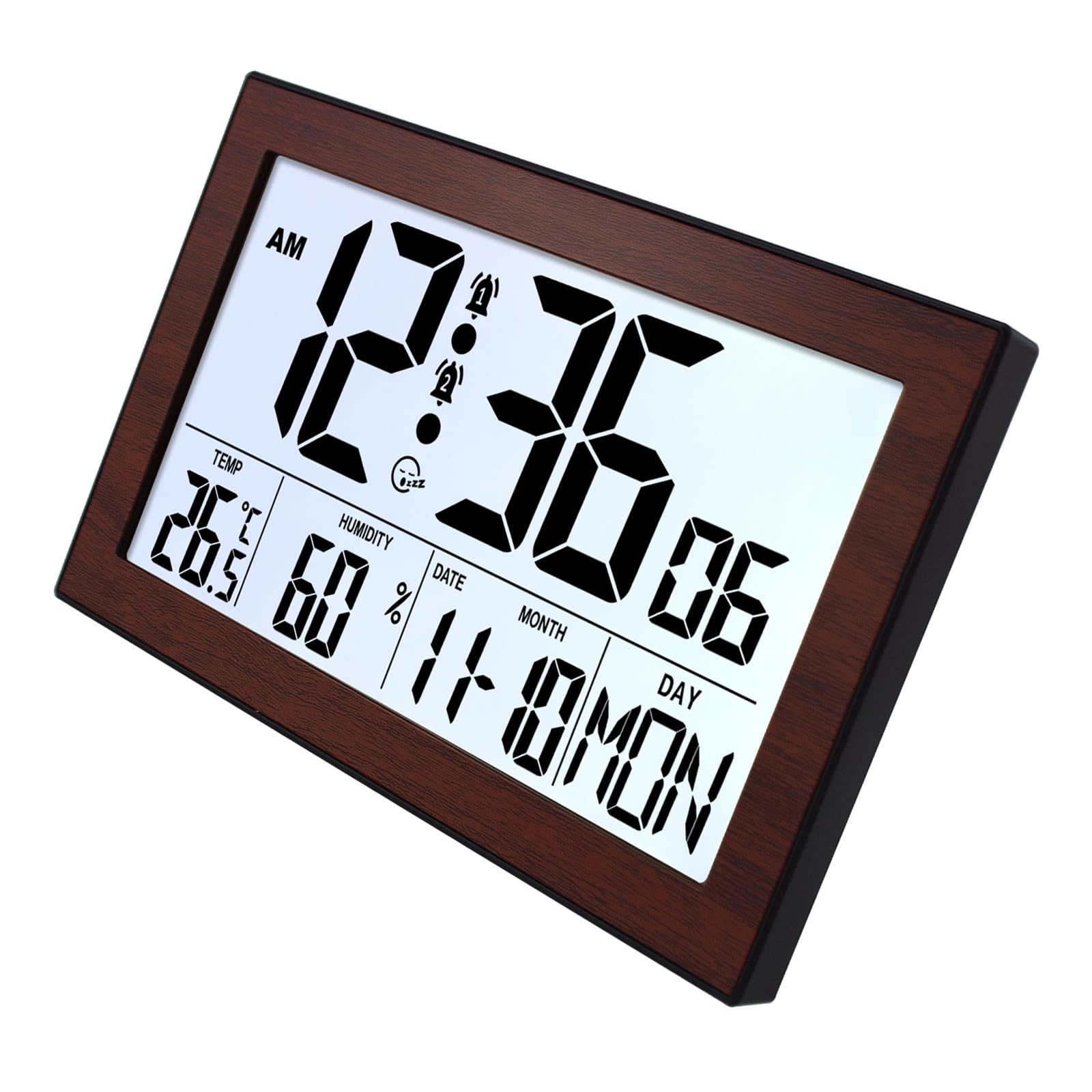 Kalttoy Brown Wood Electronic Clock With Backlight Calendar And Temperature Humidity Monitor For Bedroom Living Room Wall Clock Contemporary Hanging