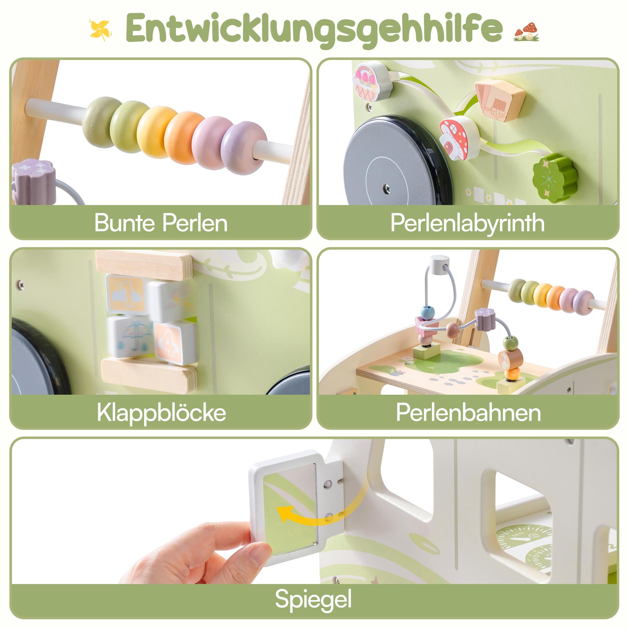 ROBUD Baby Lauflernhilfe Holz, Interaktiver Lauflernwagen, Einstellbare Geschwindigkeit & Höhe Baby Walker, Motorikspielzeug Geschenk für Kleinkinder ab 10 Monaten-1-2 Jahren