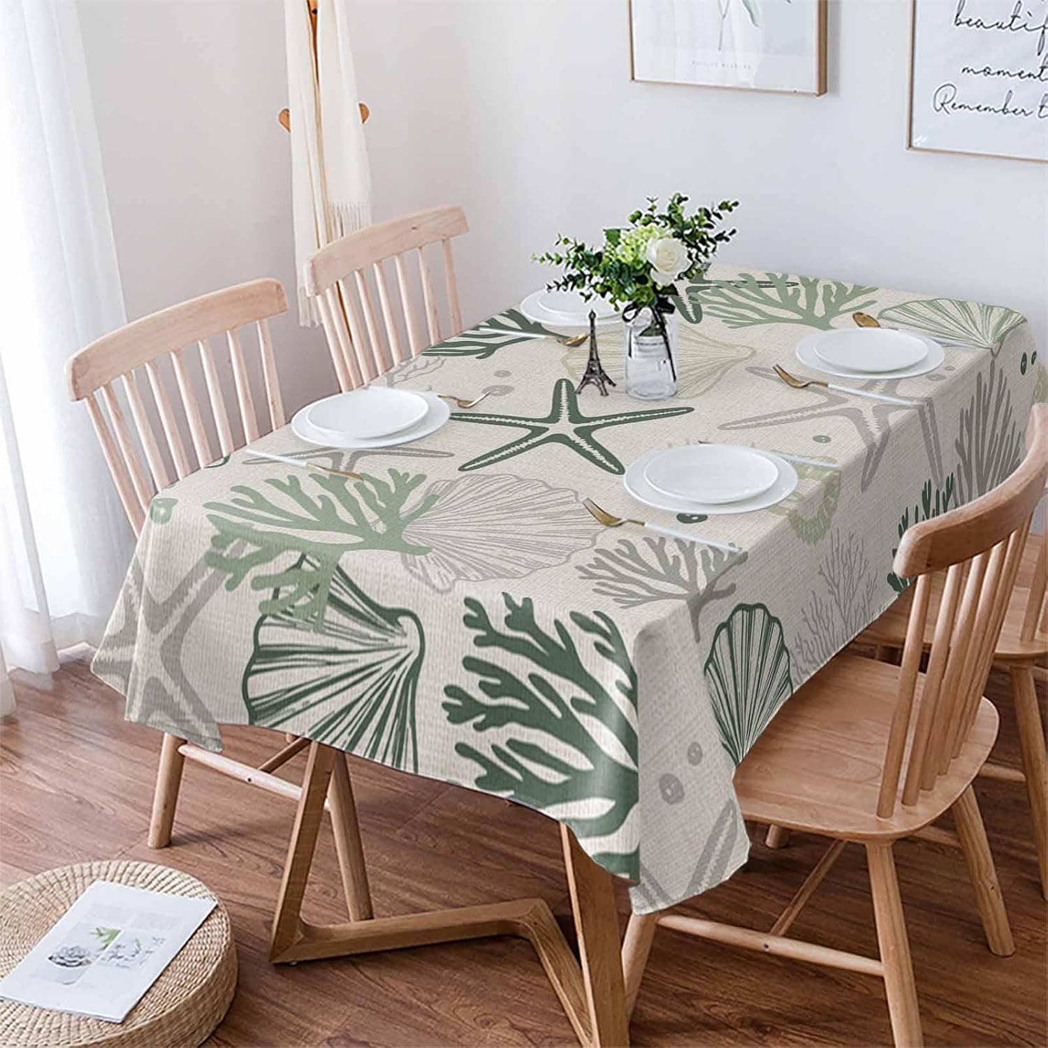 Rectangle Green Coastal Tablecloth Waterproof & Stainproof Tablecloths, Ocean Coral Starfish Seahorse Farmhouse Wipeable Table Cloth for Round/Rectangle/Oval/Square/Dining/Party/Wedding, 60x84