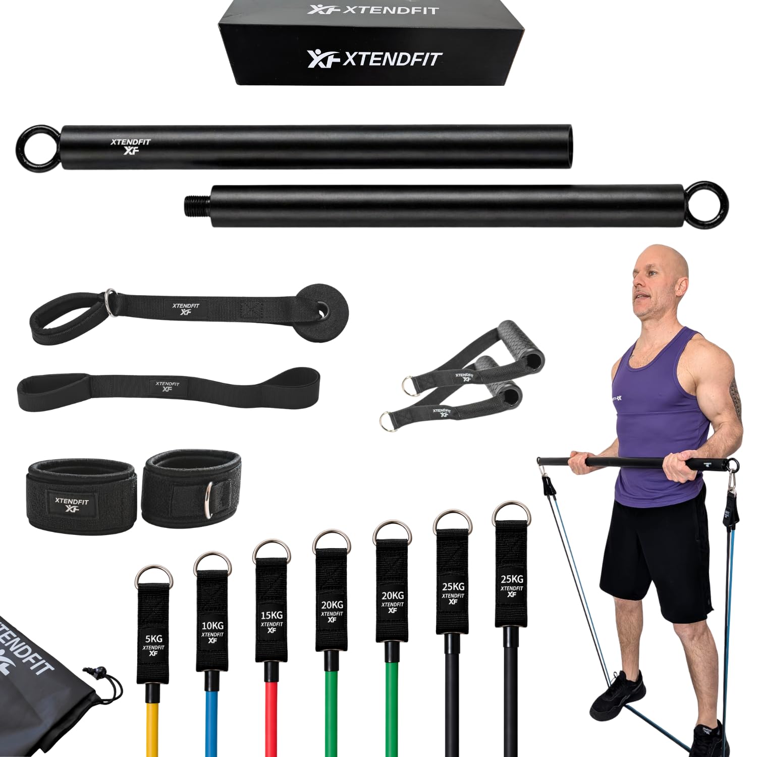 XTENDFIT Kit Musculation Élastique 10 Bandes Résistance 170kg Barre Renforcée