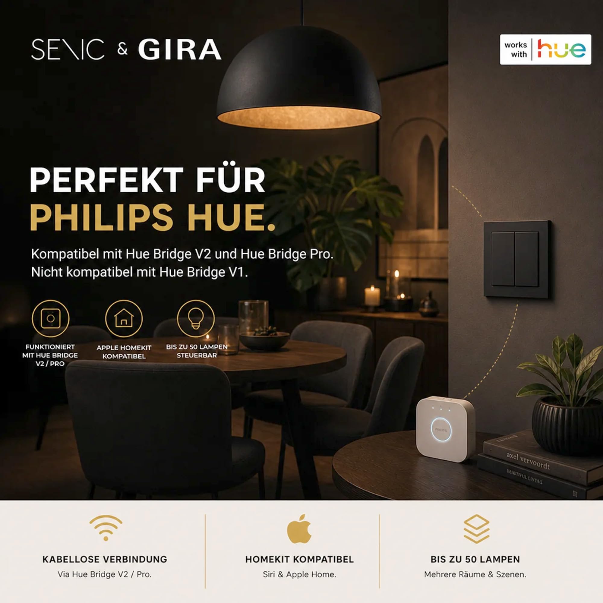 Senic Friends of Hue Smart Home Lichtschalter weiß | Kabelloser & batterieloser Hue Schalter und Dimmer für Philips Hue (Zigbee) | Smart Switch flexibel montierbar & dimmbar