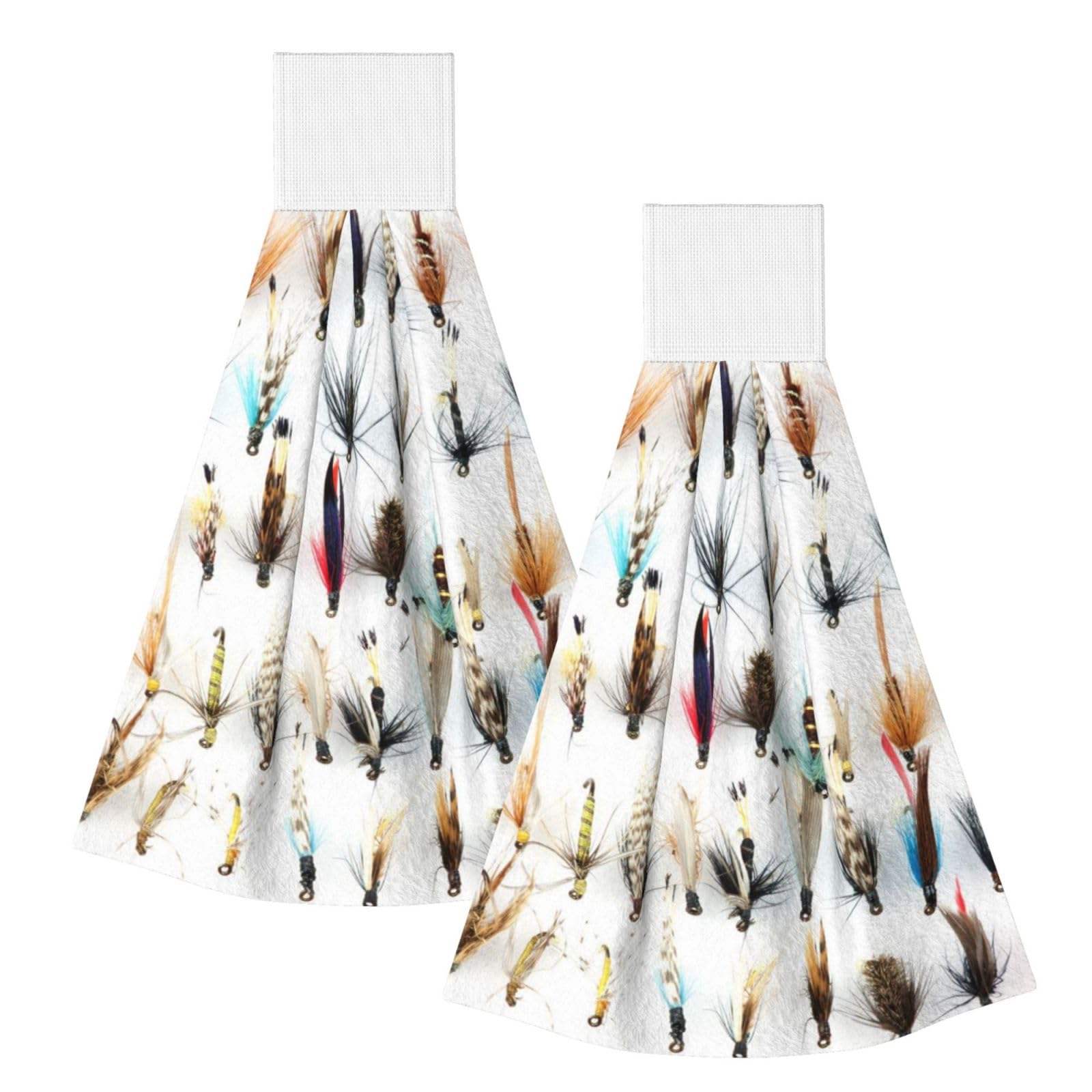 DOPKLNA White Fish Selection Of Traditional Trout Fishing Flies, 2 Pcs Hanging Coral Fiber Hand Towels for Bathroom, Absorbent Kitchen Towels