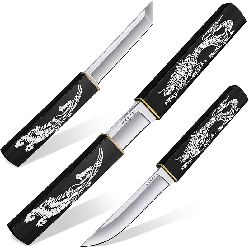 Double Tanto Knife - 2 in 1 Survival Fixed Blade Knife Black | Wooden Handle, D2 Steel Blade, Gift Box, for Camping, Hiking and Bushcraft