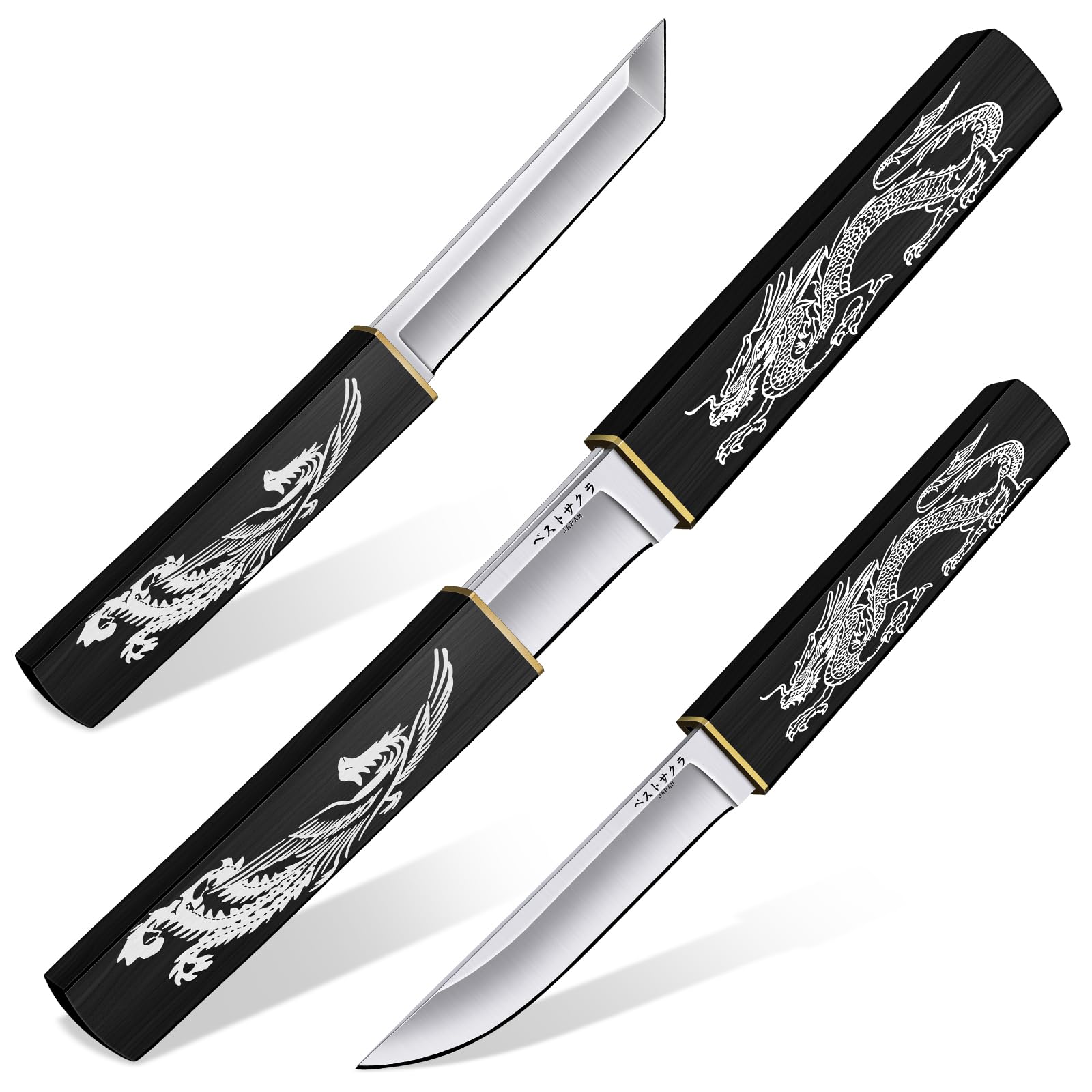 Purple Dragon Tanto Fixed Blade Knife, Katana Survival Bushcraft Knife, Full Tang Samurai Knives 2 in 1, Ideal for Camping, Fishing, Hiking, Hunting Double Knives for Men, Gift for Father (Black)