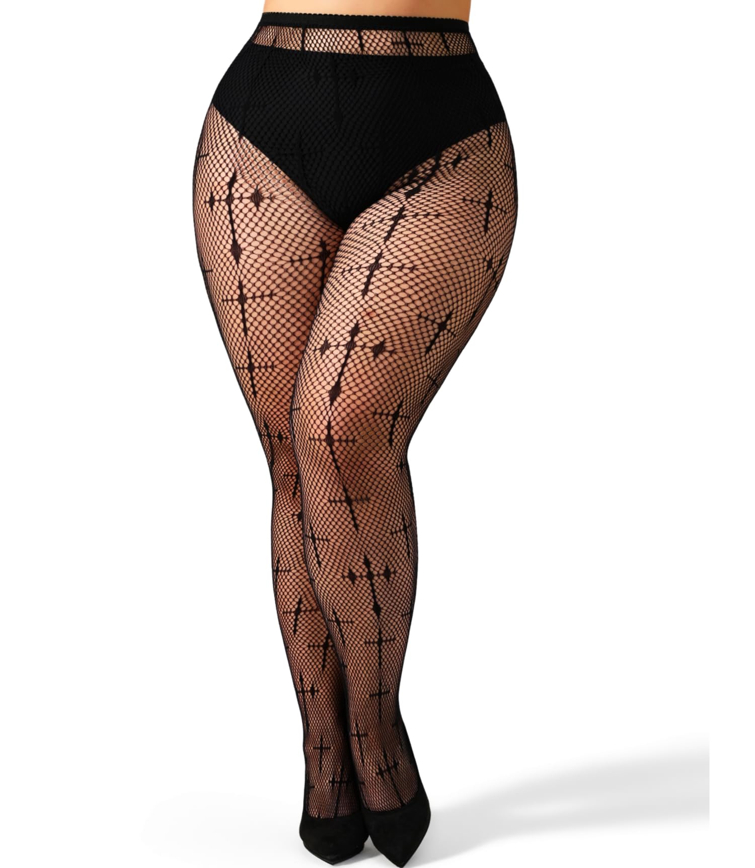 ANNTXL Crucifix Pattern Fishnet Tights Gothic High Waist Velvet Pantyhose Cosplay Stockings, Black, 1X-4X