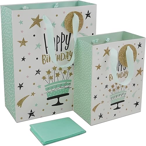 WRAPACK Bolsas de regalo de cumpleaños con papel de seda y etiqueta de regalo, 9 pulgadas medianas y 13 pulgadas, bolsas de regalo grandes de varios