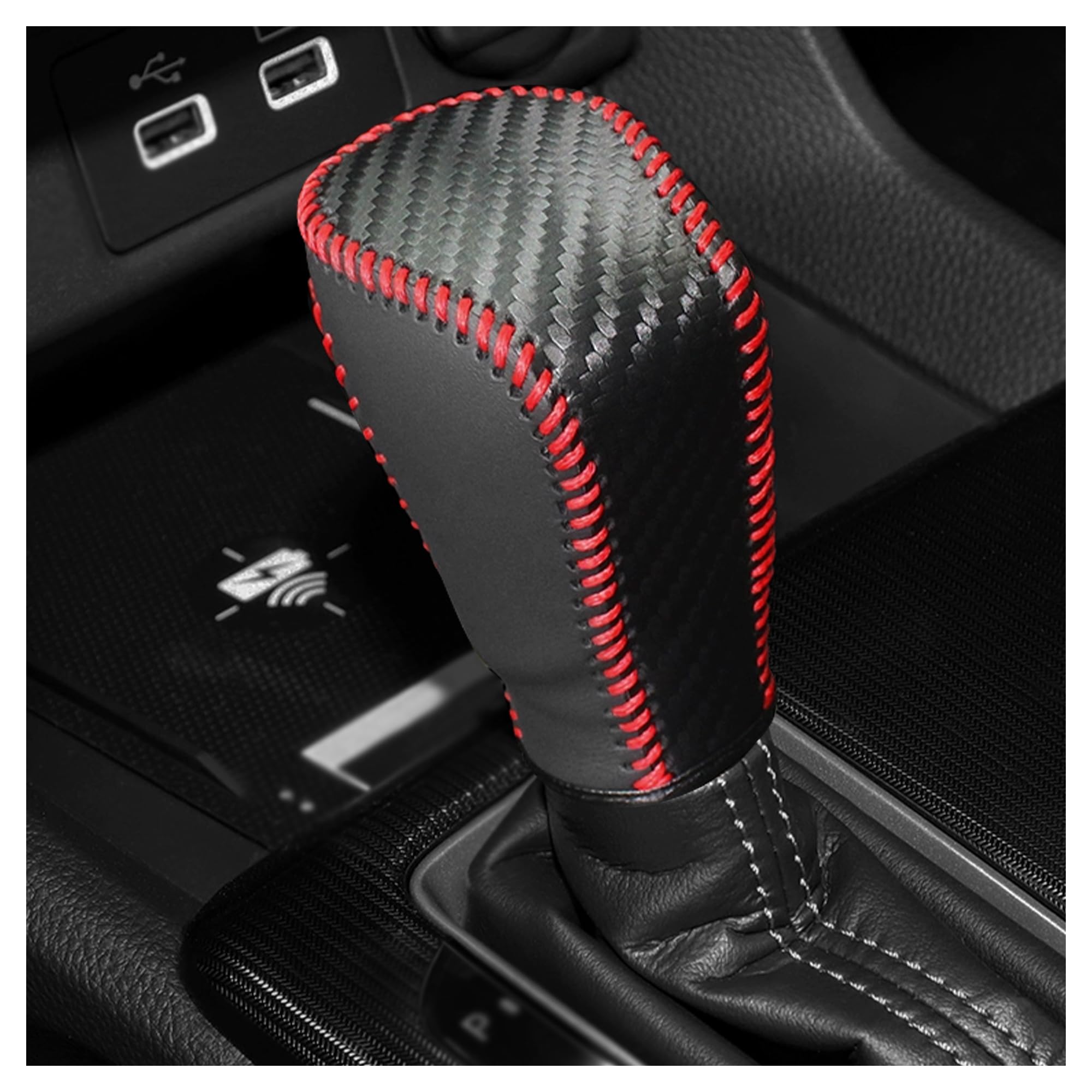 Carbon Fiber Car Gear Shift Knob Cover,Leather Stick Shift Cover with Needle & Thread,Stylish Car Decorations Car Shift Knob Cover Compatible with Honda Inspire Crider Integra (Black/Red)