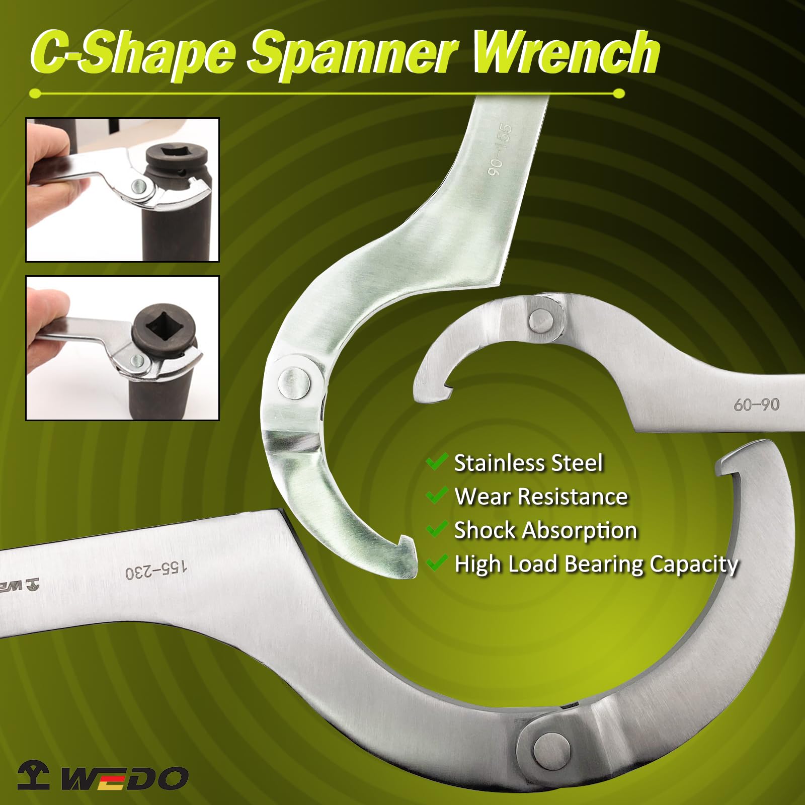 WEDO Llave de Gancho Ajustable C Llave Herramienta - 155-230mm,acero inoxidable,Inglesa Llave Sujeción Pinza C Gancho,Largo 400mm,resistente a la corrosión,forjada de una sola vez