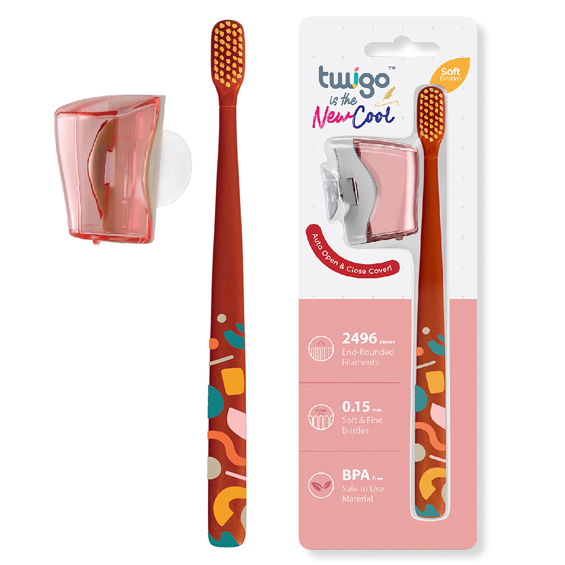 BPA Free Bristles Soft Toothbrush with Toothbrush Cover, Pink- Adorable, Dust-Proof & Easy to Use,One Touch Open & Close,Suction Cup holders for Mirrors, Glass or Tile, Made in Malaysia