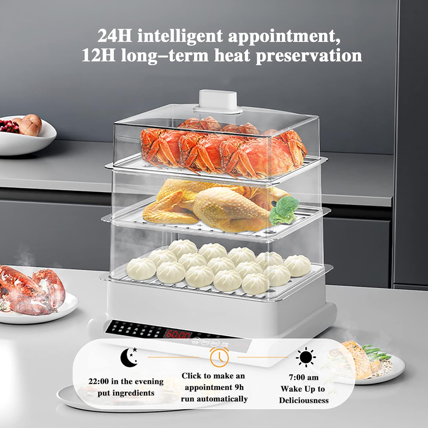 Electric Food Steamers, 20L Three-Layer Multi-Function Steam Box, with 2 Tier Stackable BPA-Free Baskets, 24 Hours Appointment, 7 Preset Cooking Mode,Healthy Fast Simultaneous Cooking