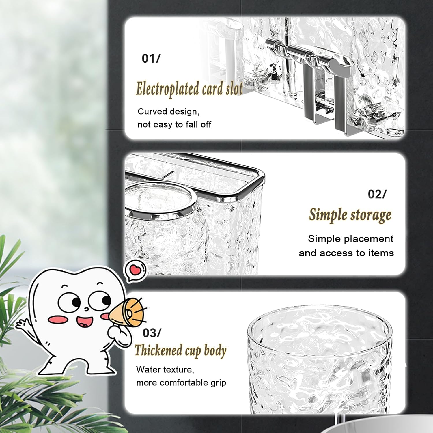 Toothbrush Holders Combo Set for Bathroom，4 Cups Toothbrush Holder Wall Mounted with Organizer，Gift 4 Count Ultra Fine Soft Bristle Crystal Tooth Brush and Wall Mounted Toothpaste Squeezer