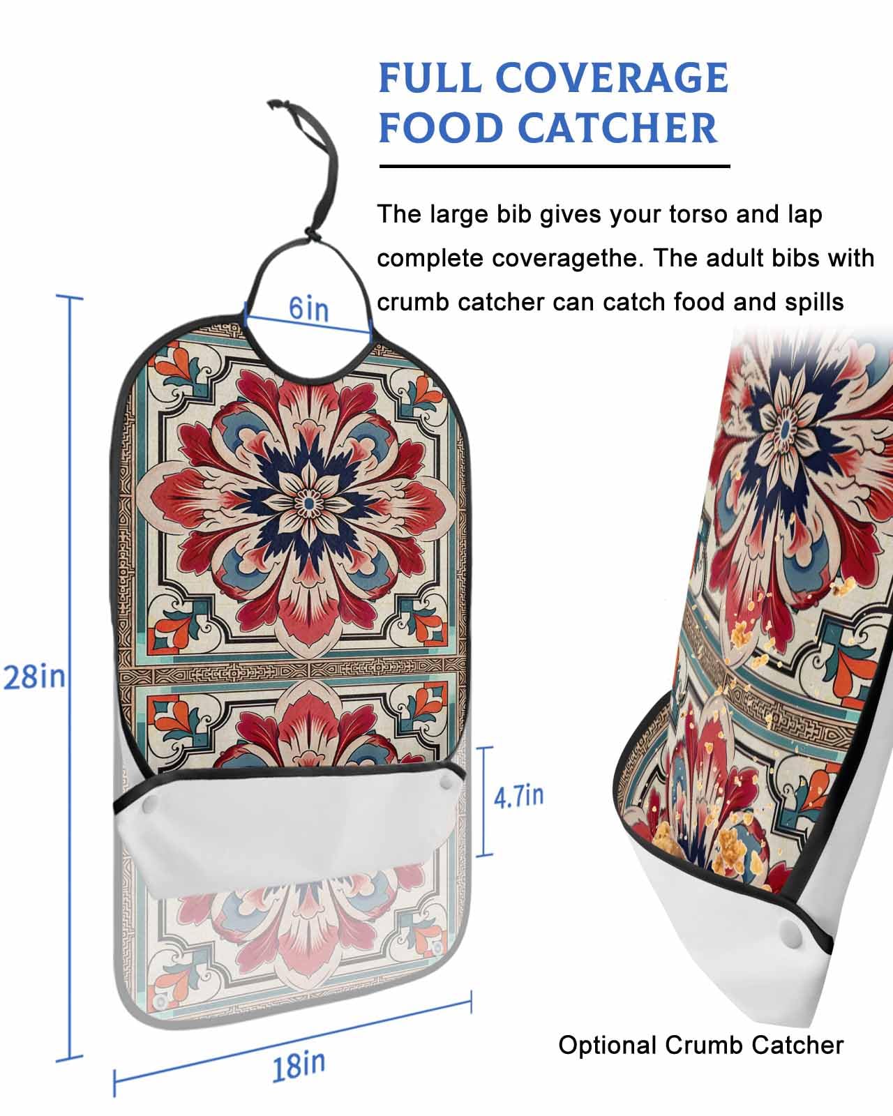 LEOKOTI Red Blue Flowers Geometric Adult Bibs for Eating, Waterproof Bibs with Food Catcher & Adjustable Snap Closure, Modern Abstract Art Washable Clothing Protectors Adult Bibs for Elderly Women/Men