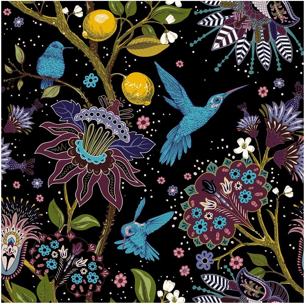 Peel and Stick Wallpaper Black Floral Wallpaper Removable Boho Birds Wallpapers for Bedroom Renter Friendly Self Adhesive Contact Paper for Shelf Cabinet 17.5 x 118 in