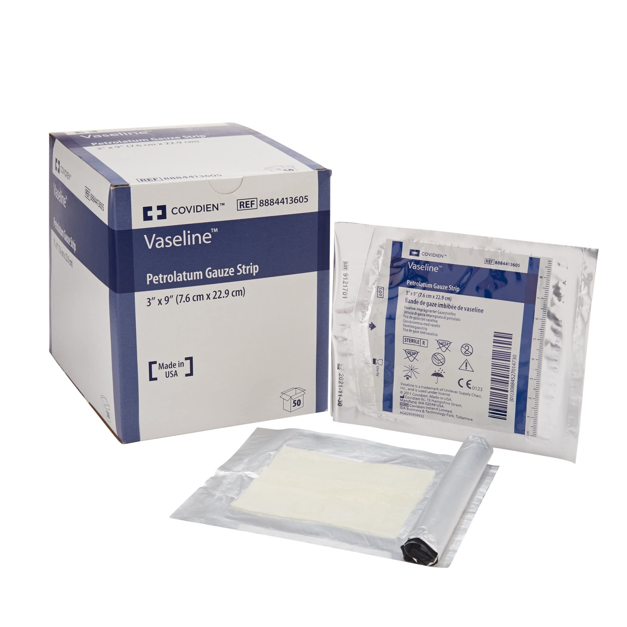 Vaseline Petrolatum Impregnated Dressing 3 x 9 Rectangle Mesh Gauze 8884413605 50 Ct