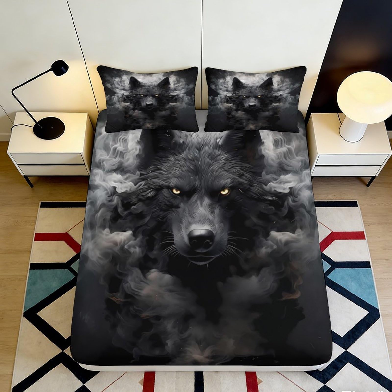 3D Printed Black Wolf Fitted Sheet Microfiber Soft Breathable Wolf Face Bed Cover for Bedroom Dormitory Guest Room Mattress Protection Decor 90x200x25cm