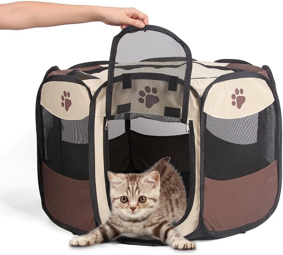 Puppy Playpen Portable Pet Playpen Waterproof Animal Pen Rabbit Pen Foldable Cat Playpen Dog Playpen Airflow Zipper Door with Mesh Cover for Small Dog Kitten Cat Rabbit Exercise Kennel Outdoor Indoor (Brown)