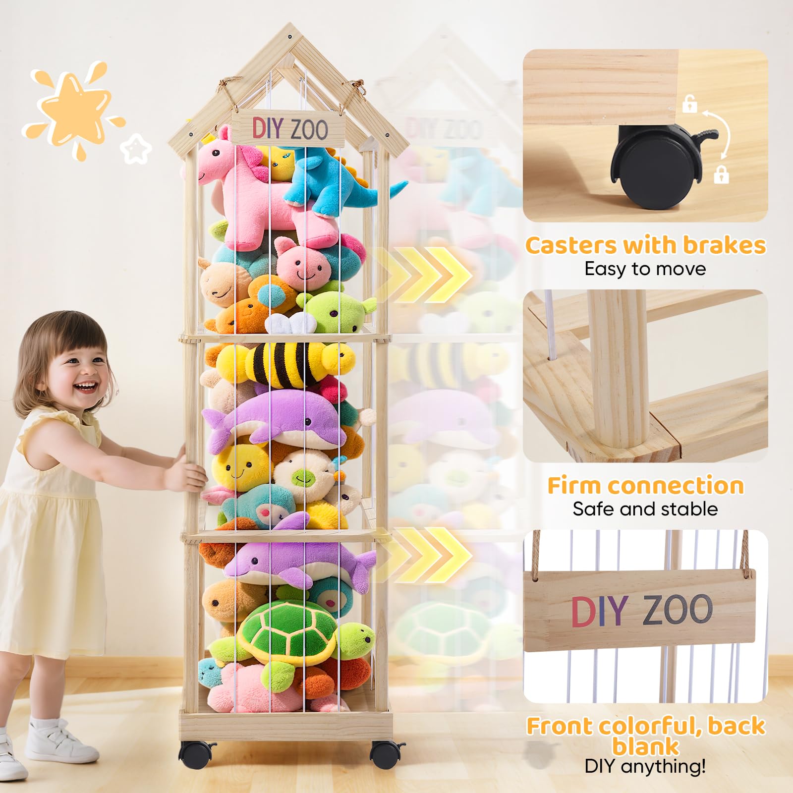 Contenitore per Animali di Peluche, 146*47*35cm Contenitore per Giocattoli Morbidi in Legno Massello con Ruote Girevoli Bloccabili a 360°, Contenitore per Giocattoli di Peluche per Camerette, Soggio