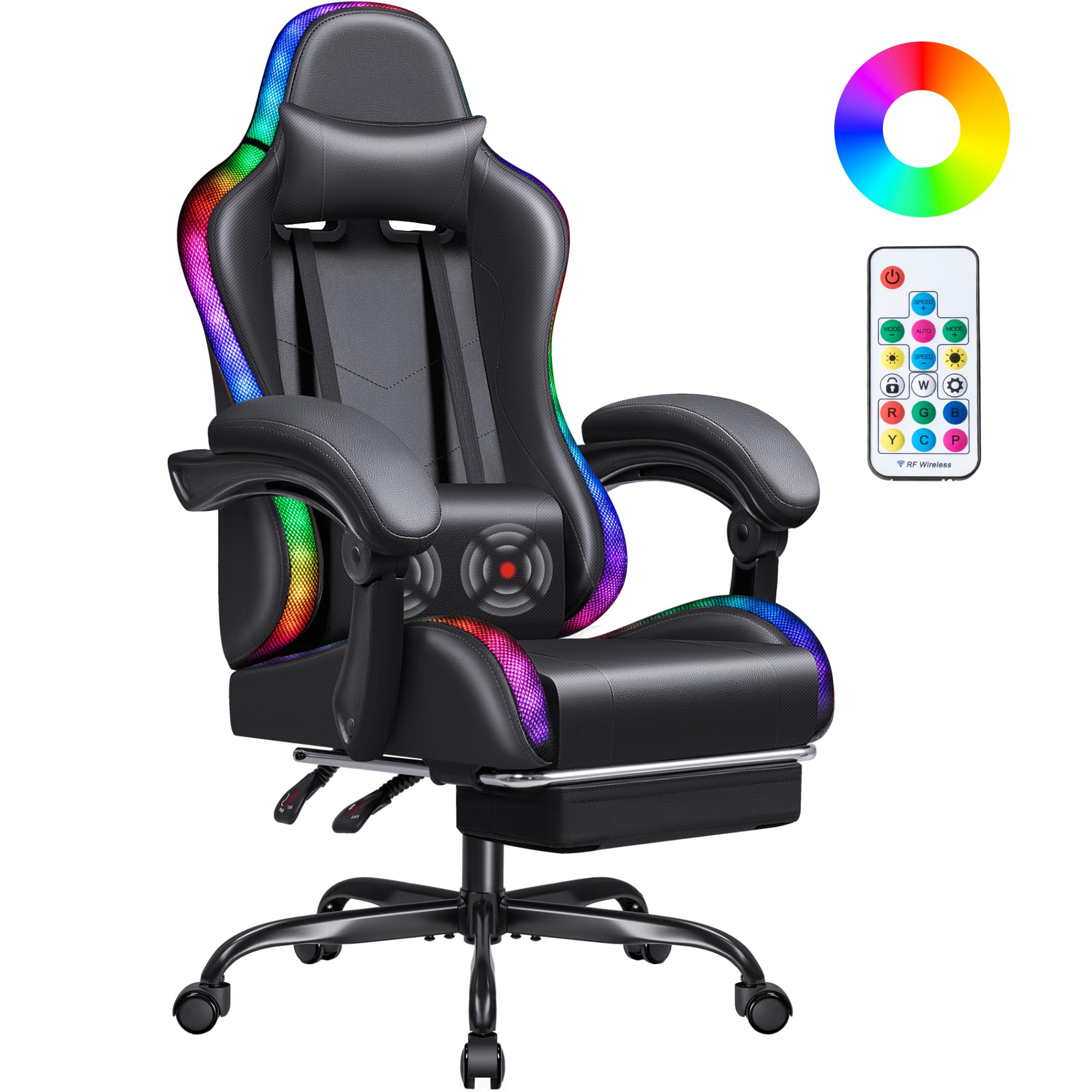 HomallGaming Chair, Video Game Chair with Footrest and Massage Lumbar Support, Ergonomic Computer Chair Height Adjustable with Swivel Seat and Headrest (RGB Dark Black)