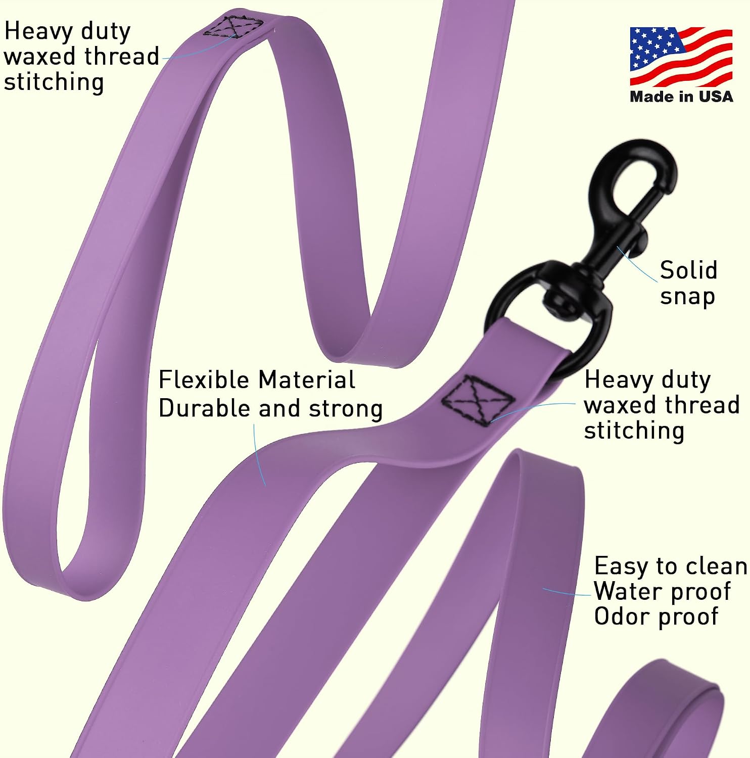 Dogline Biothane Waterproof Multi Handle Dog Leash with Black Hardware - Odor-Proof, Easy to Clean Traffic Control Lead - for Medium or Large Dogs, L 6 ft - W 3/4 in, Amethyst Purple