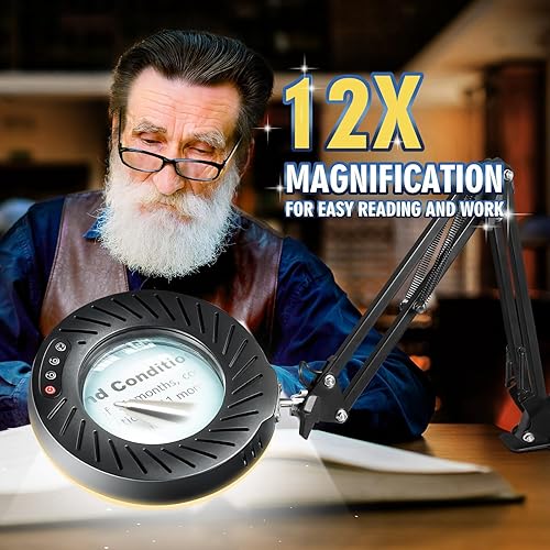 Miniatura 3 de 12 lupas con luz y soporte, 144 LED más brillantes, 10 brillo regulable, 5 modos de color, lámpara de escritorio de metal manos libres para lectura