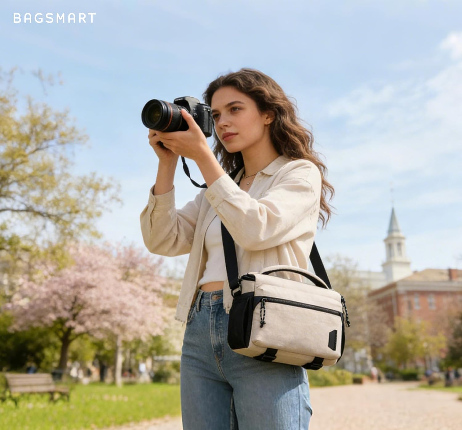 BAGSMART Small Camera Sling Bag for Photographers, Compact Camera Shoulder Bags for DSLR/SLR/Mirrorless Cameras, Waterproof Crossbody Camera Case with Tripod Holder, Ivory White