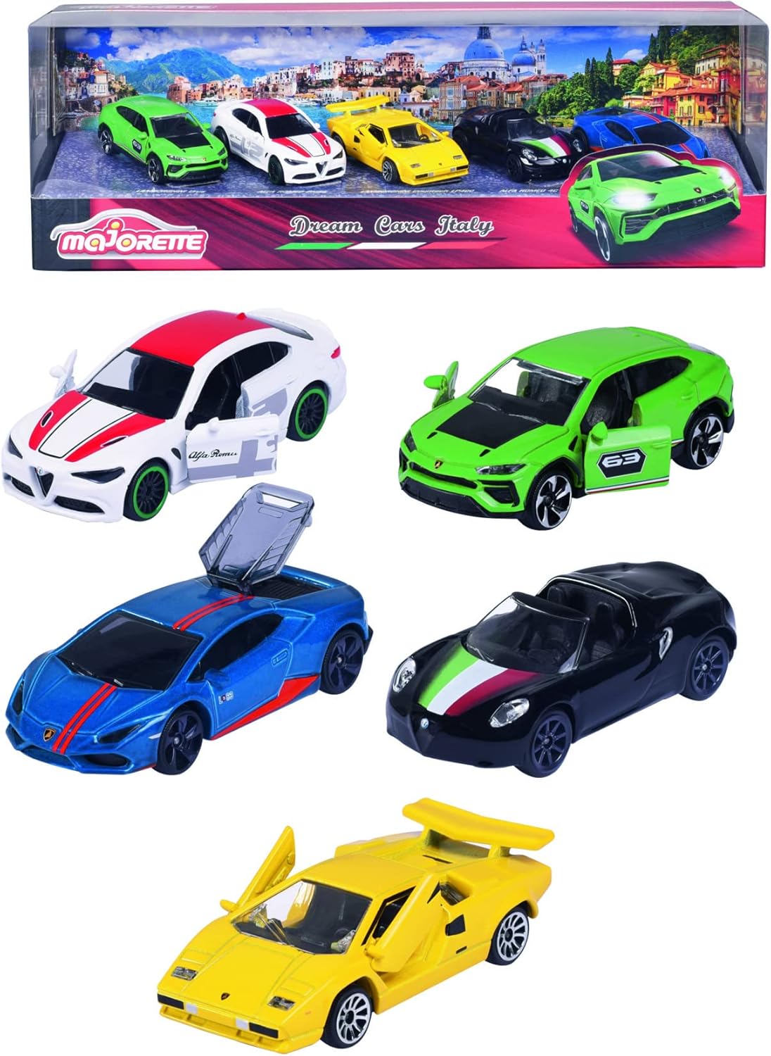 Majorette - Coches Dream Cars Italy - 5 Coches Italianos de Juguete en un Set de Regalo, 7,5cm, Fabricados en Plástico y Metal, Ruedas de Giro Libre y Suspensión (212053178)