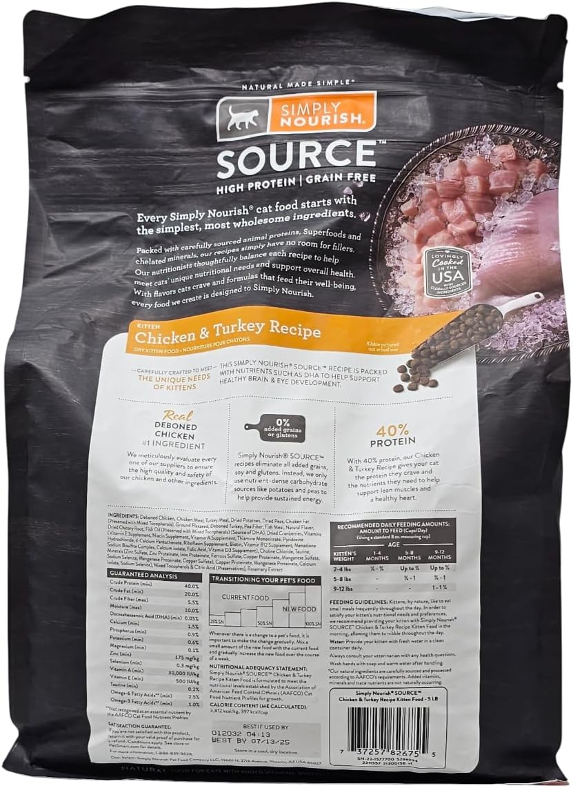 SIMPLY NOURISH Source High Protein Kitten Chicken and Turkey Dry Cat Food, 5 Pound Bag