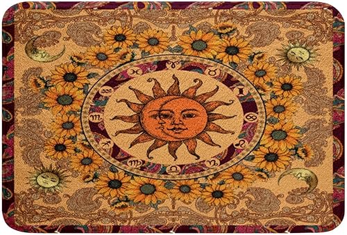 Erosebridal Alfombra de baño amarilla de sol y luna de 16 x 24 pulgadas, alfombra de área de girasol, vintage, indio, bohemio, floral, alfombra de