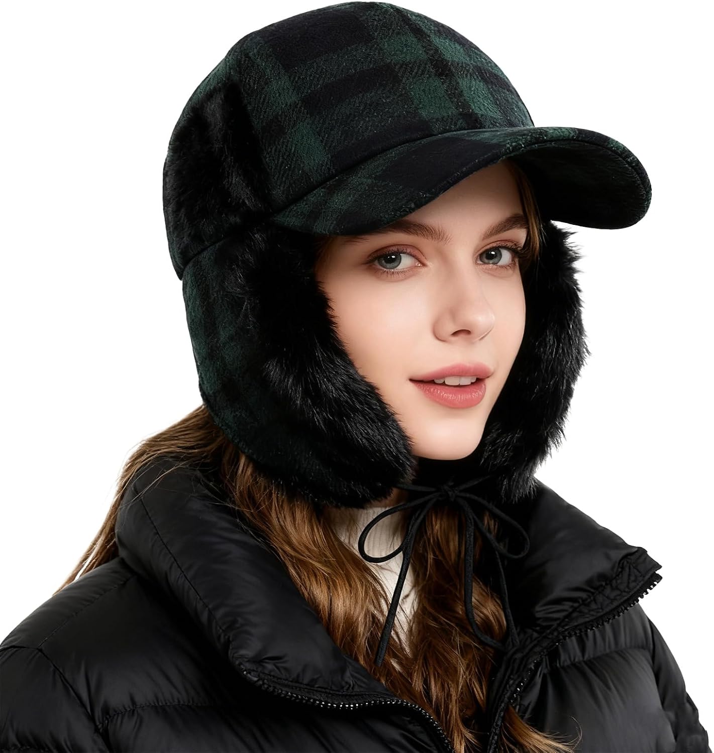 PURFUN Winter Windproof Warm Baseball Caps with Fuzzy Faux Fur Ear Flaps, Men Women Classic Tartan Visor Ski Cap Trapper Hats