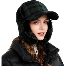Faxianther Men Women Winter Warm Baseball Cap with Faux Fur Ear Flaps, Wide Brim Visor Full Cover Balaclava Windproof Ski Cap
