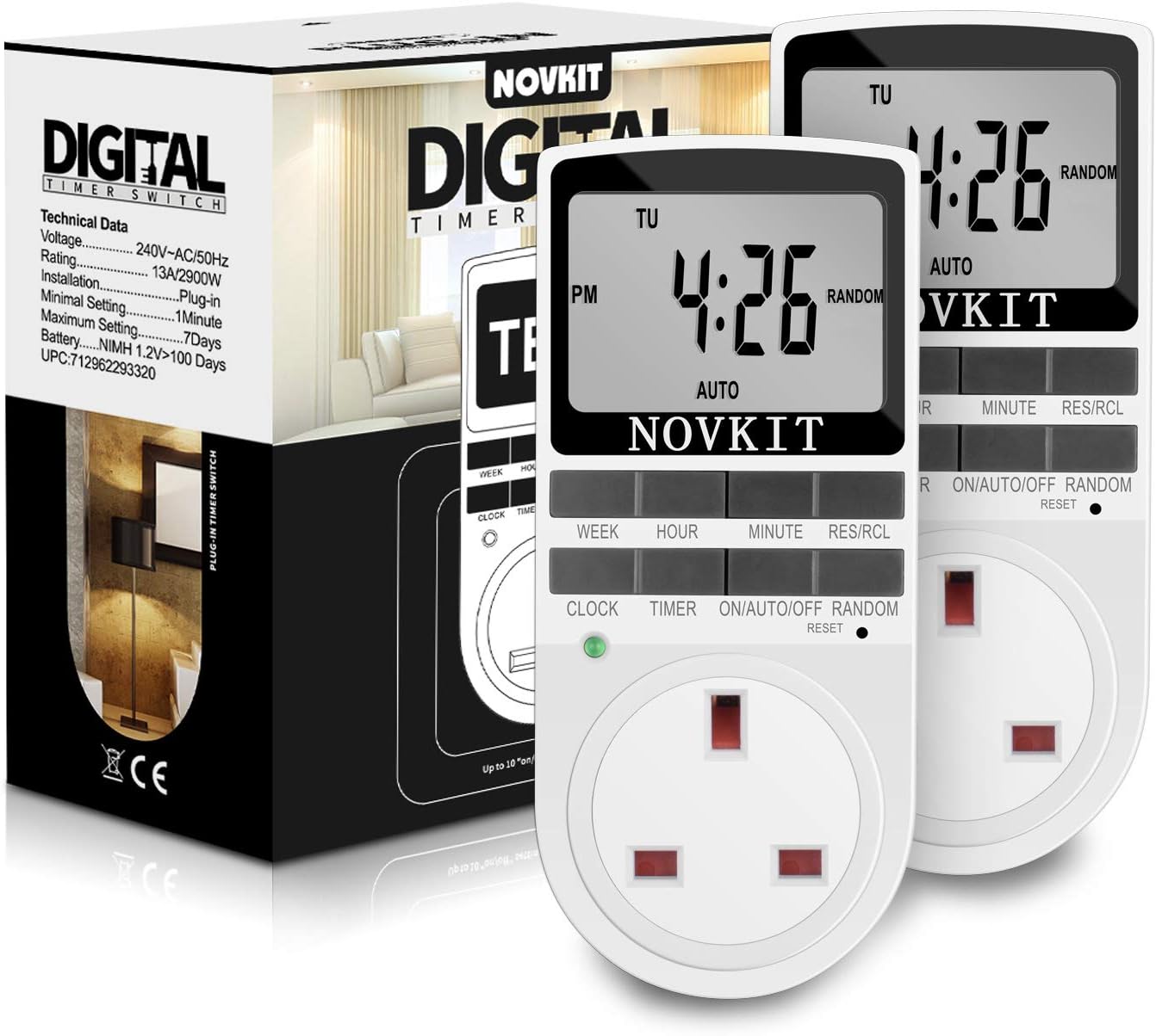 2 x NOVKIT Digital Security Timer Plug Socket Programmable Switch Timer with 10 ON-Off Programs and Random Mode for Home and Indoor (230V, 13A, 2900W)