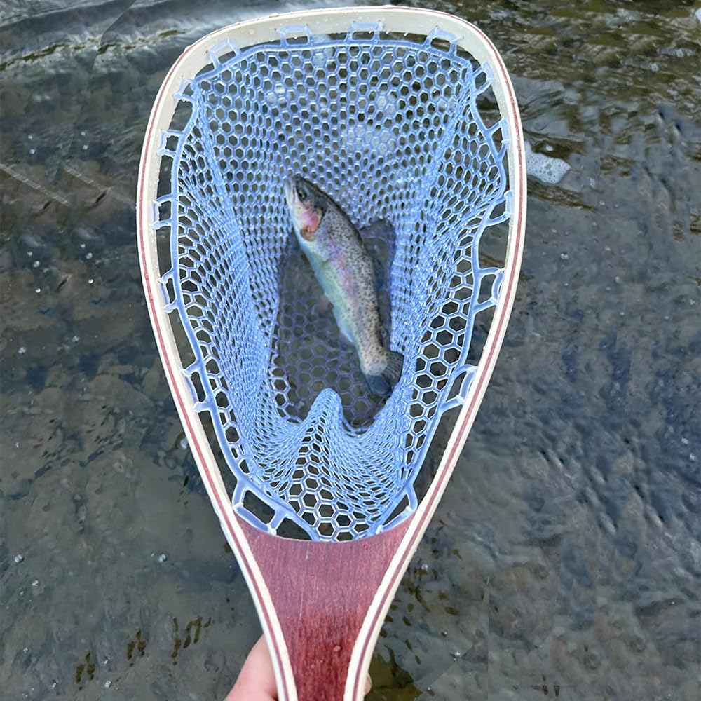 Kylebooker Guadino per pesca a mosca, telaio in legno, rete da pesca alla trota, rete in gomma morbida per la cattura e il rilascio