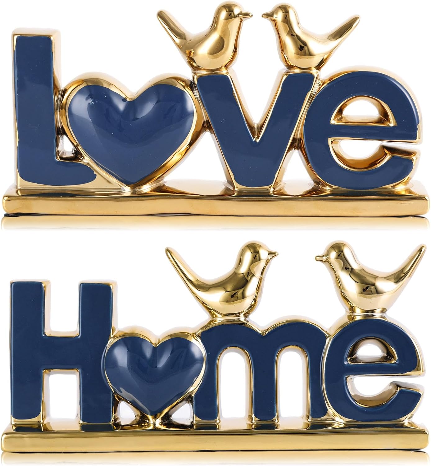 Ceramic Love & Home Sign Decor with Bird Statues Set 2,10" Modern Blue Gold Tabletop Sculptures for TV Stand,Floating Shelf & Entryway,Romantic Wedding & Warm Housewarming Gift Set (Blue)