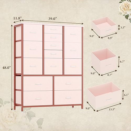 Vista 2 de Cómoda para dormitorio con 15 cajones, cómoda alta y cómoda, cómoda de almacenamiento de tela para armario, pasillo, sala de estar, rosa