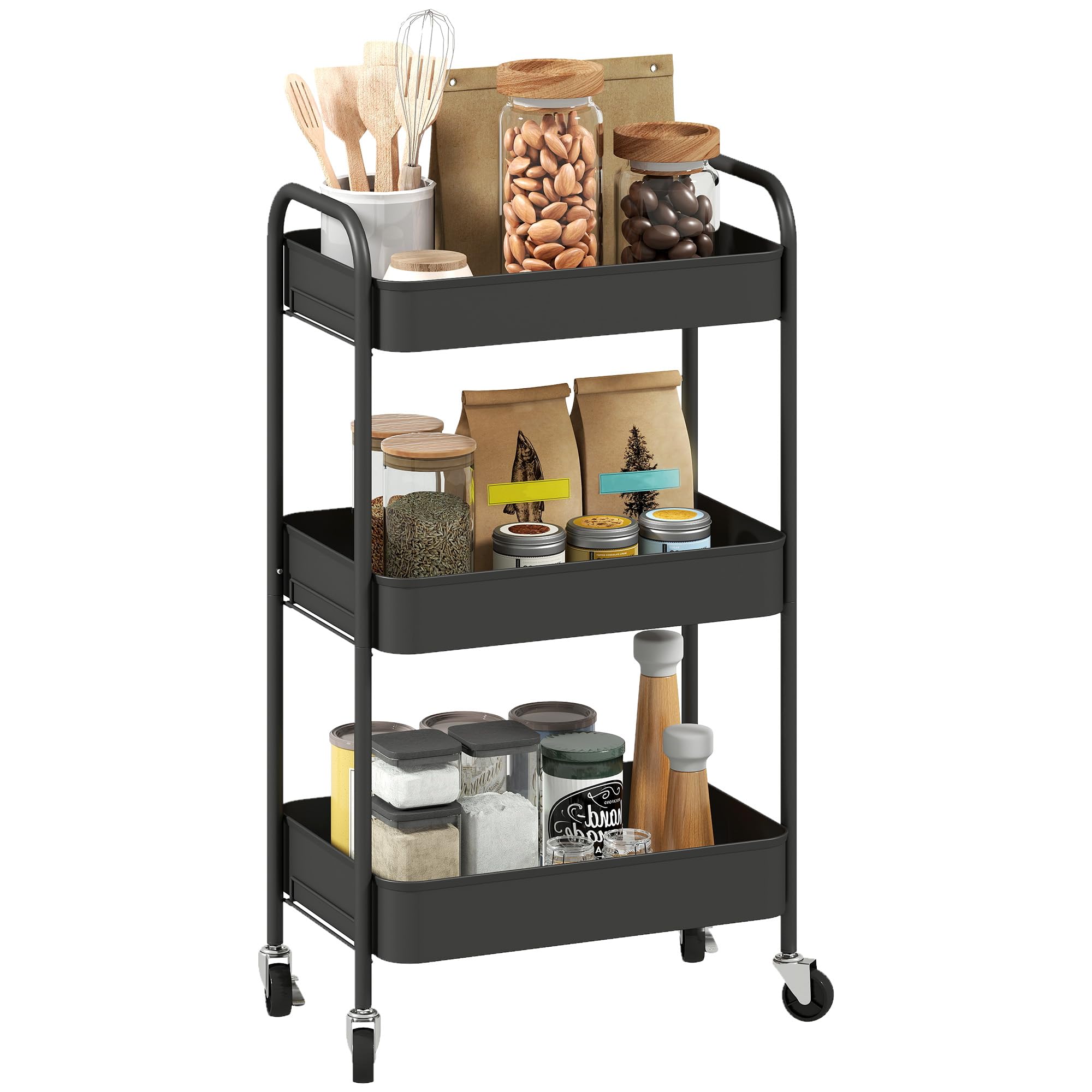 HOMCOM 3-tier Storage Trolley on Wheels, Metal Storage Cart, Rolling Ultility Cart with 3 Mesh Baskets for Living Room, Kitchen, Black