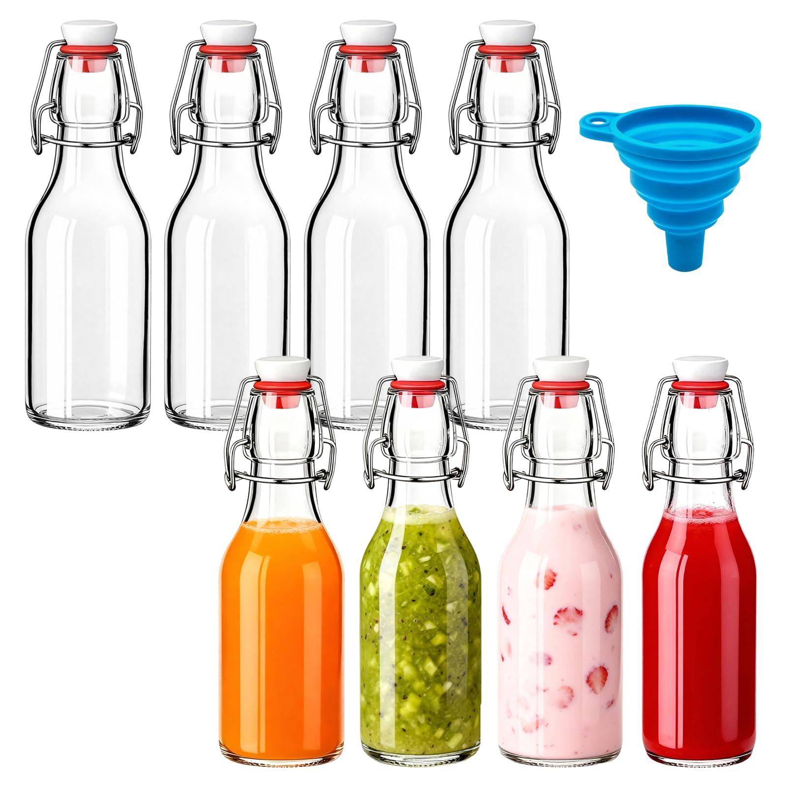 NBOUOU 8Pcs Glass Bottles with Stoppers, 250ml Clear Swing Top Bottles with Airtight Stoppers Beer Brewing for Wine, Beverages, Oil, Vinegar, Homemade Beer & Water (8 oz)
