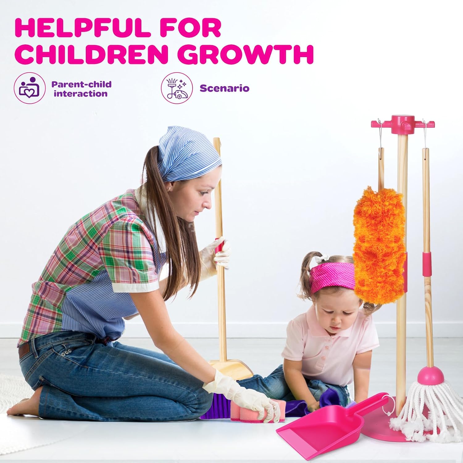 Wooden Toy Cleaning Set ,8Pcs Kids Cleaning Set, Includes Broom, Dustpan, Brush, Mop, Duster, Sponge, Rag and Hanging Stand, Pretend Play Children House Cleaning Toys for Toddlers