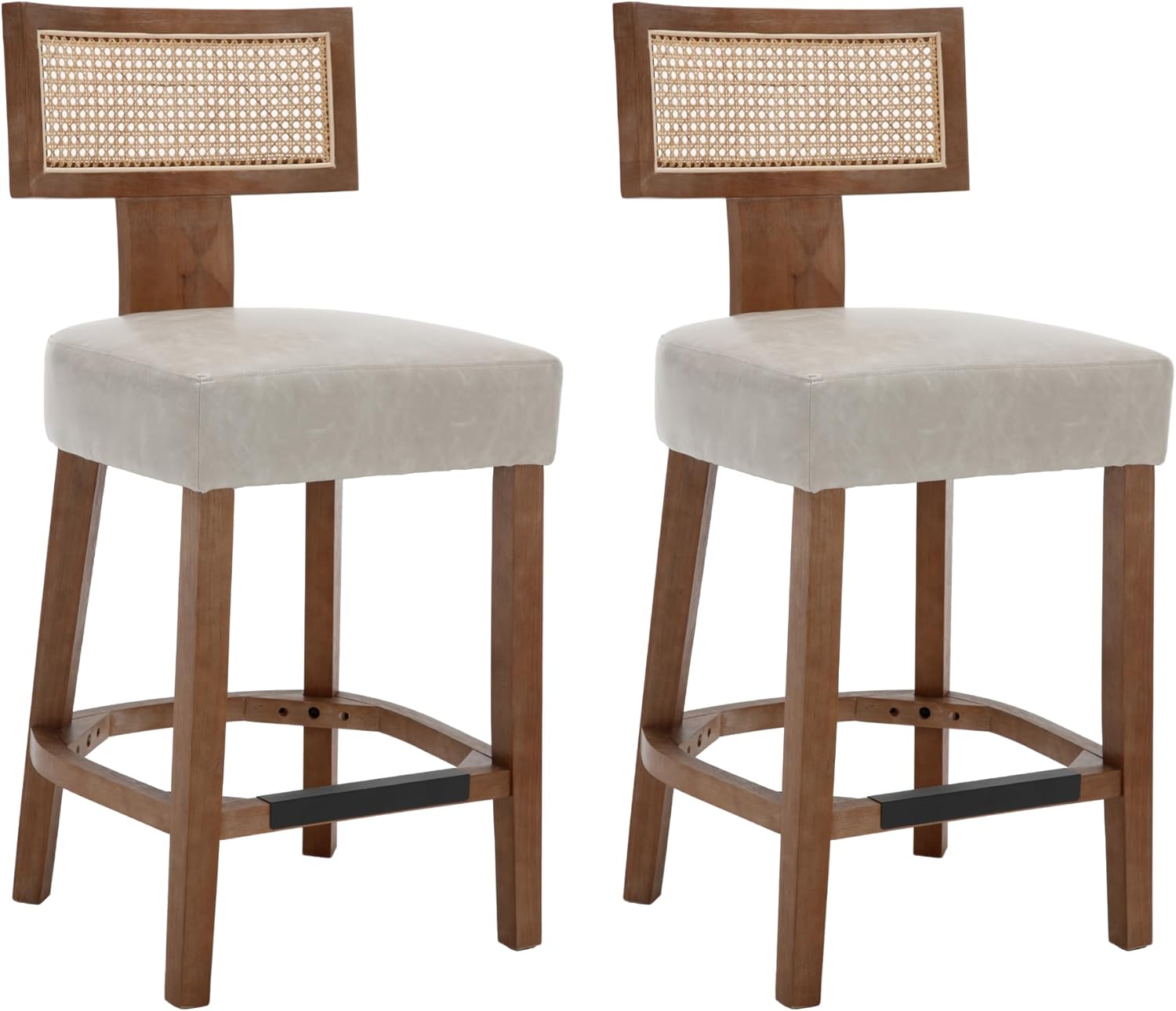 VESCASA Counter Height Barstools with Natural Wood Legs, 26.5" H Faux Leather Upholstered Counter Stool Chairs with Rattan Back Footrests for Kitchen Island, Bar, Pub, Set of 2, Light Grey