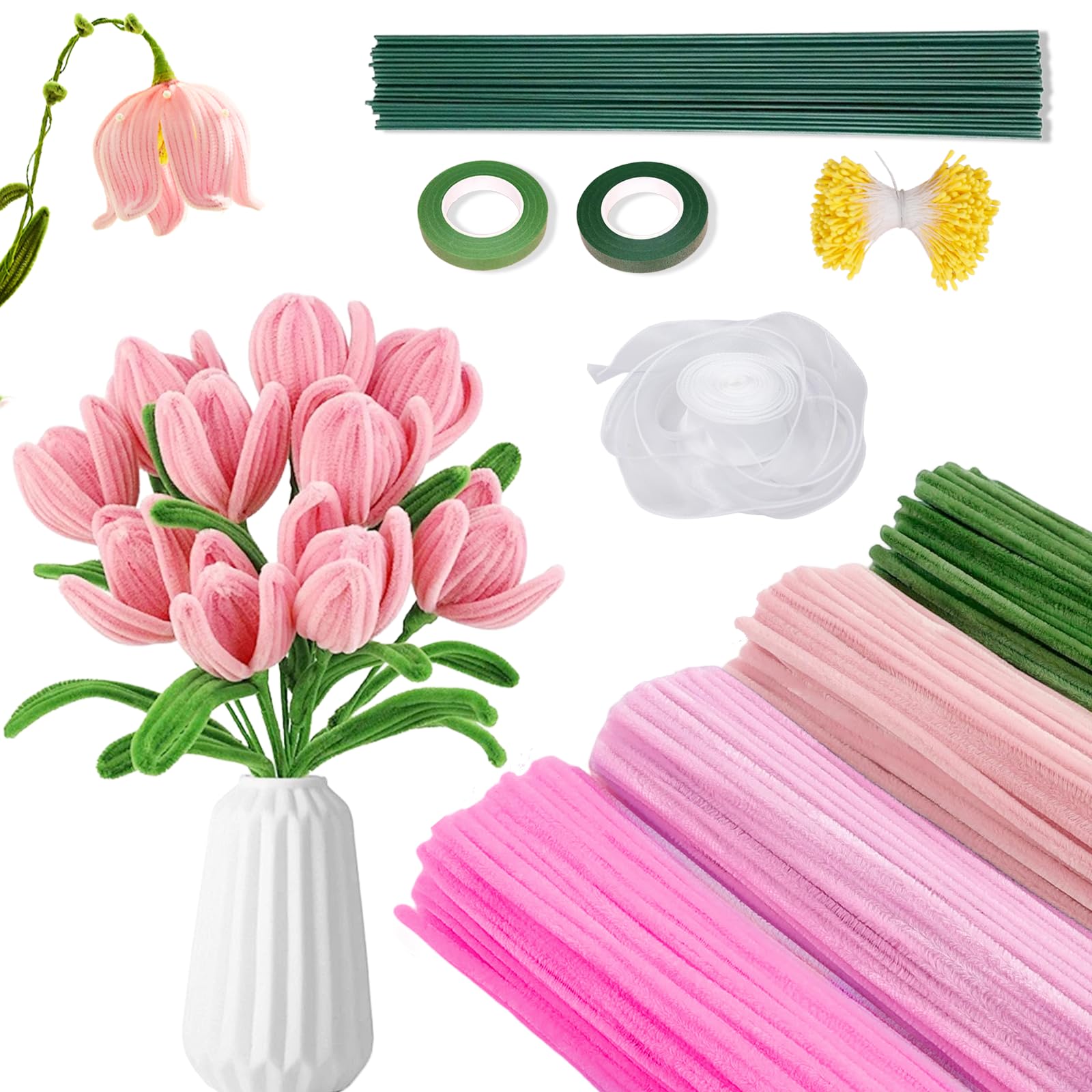 400 Stück Pfeifenreiniger Blumen Rosa Grün Tulip Bouquet, Pfeifenreiniger Blumen mit Blumenstiel Klebeband Grüne Blumenmitte Band, Biegeplüsch Chenilledraht für Erwachsene Bastelfreunde Geschenk